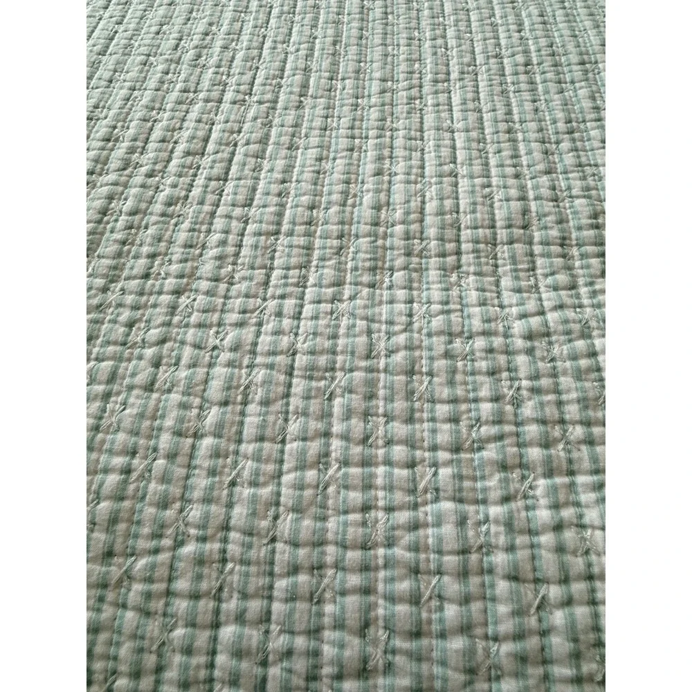 Boho Quilted King Bedding Set White Sage Green Pom Pom Trim Quilt 2 Shams